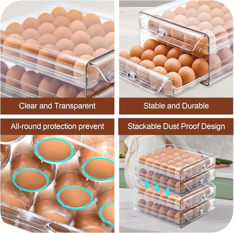 MFBJXC Egg Holder for Refrigerator,60 Eggs Clear Drawer Organizer,2 Layer Stackable Egg Holder Egg Trays,Egg Storage Container with Time Scale for Fridge Countertop Cabinet - Image 2